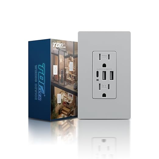 TOPELER USB Outlet, 30W 6.0A USB Electrical Socket with Type A & C Port, Duplex 20 Amp Tamper-Resistant Power Outlets for Kitchen, Living Room, Screwless Wall Plate Included, UL Listed, Grey
