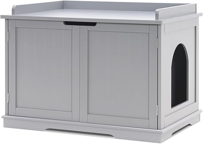 MCombo Cat Litter Box Furniture Hidden, Pet Enclosed Litter Bench, Wood Hideaway Extra Cat House, Kitten Washroom Bench with Removable Divider for Indoor Animal 0657