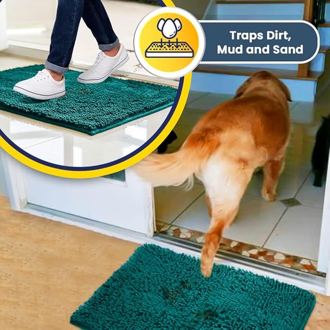 Muddy Mat® AS-SEEN-ON-TV Highly Absorbent Microfiber Door Mat and Pet Rug, Non Slip Thick Washable Area and Bath Mat Soft Chenille for Kitchen Bathroom Bedroom Indoor and Outdoor - Teal 24" x 96"
