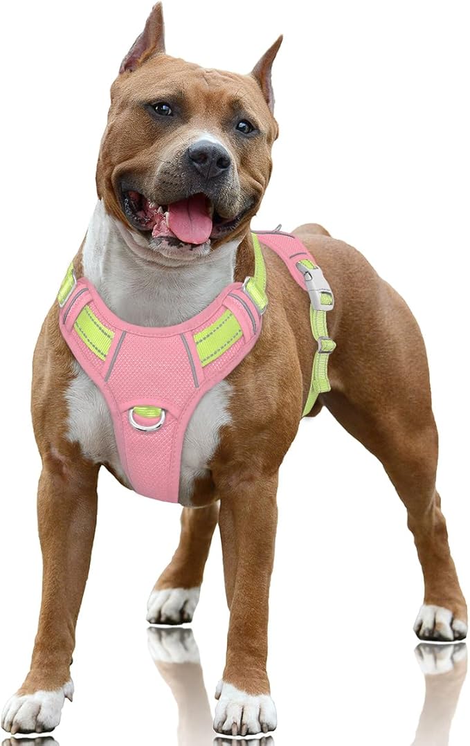 BARKBAY No Pull Dog Harness Large Reflective Dog Harness with Front Clip and Easy Control Handle for Walking Training Running with ID tag Pocket(Baby Pink & Sunlight,L)