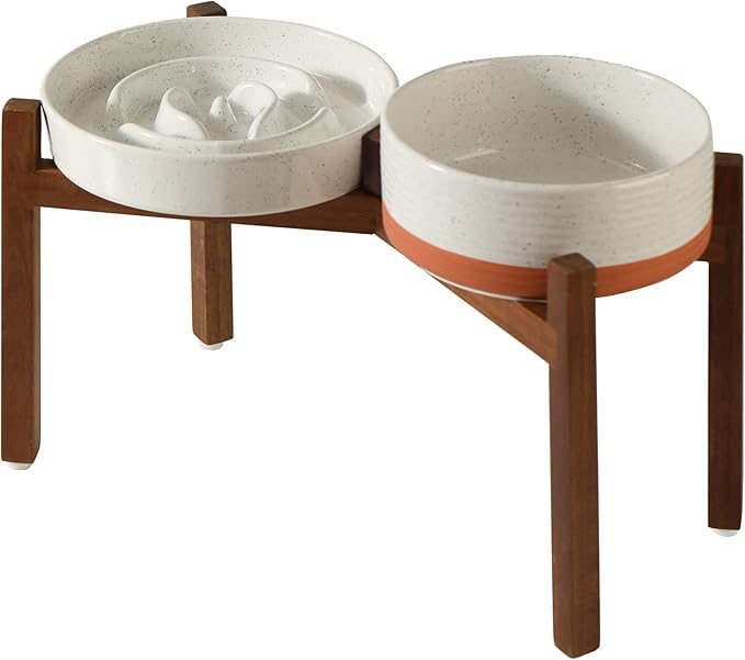 Ceramic 3.2 Cup Raised Slow Feeder Dog Bowl Set, Elevated 8.2inch Bowl and 9.5inch Dish with Acacia Wood Stand for Large Dogs(2 x Vanilla White+ Stand)