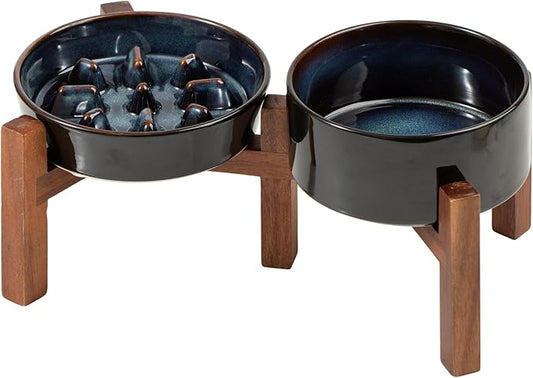 Ceramic 0.9 Cup Raised Slow Feeder Dog Food and Water Bowl Set, Elevated 6.1inch Bowl and 6.1inch Dish with Acacia Wood Stand for Small Dogs (2 x Starry Sky+ Stand)