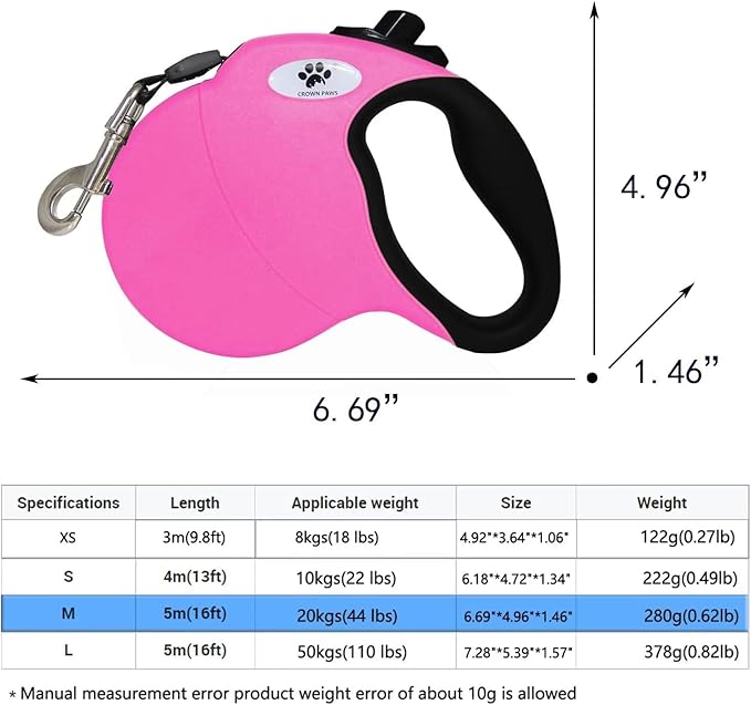 16 ft Retractable Dog Leash for Large Dogs up to 44 lbs,Tangle-Free Nylon Tape,Pink Dan M