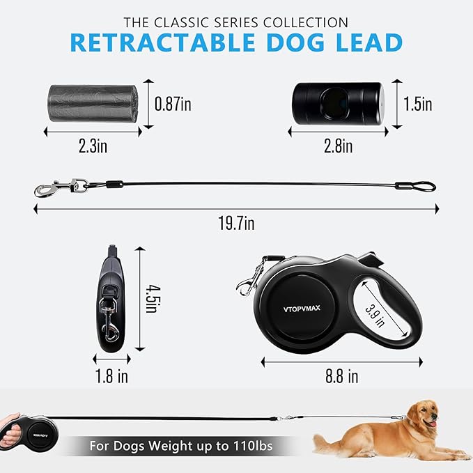 26Ft Retractable Dog Leash for Medium/Large Dogs up to 110lbs, Strong Heavy Duty Retractable Leash with Chew-Proof Cable, 360 Tangle Free, One Hand Brake Lock & Poo Bag Holder (Black)