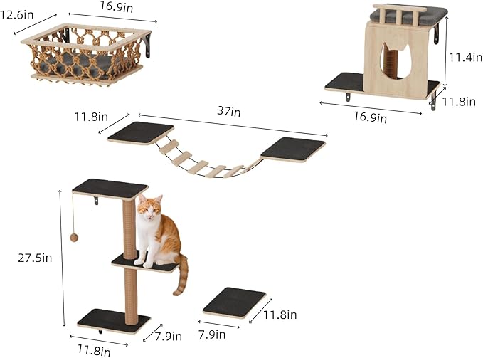 5-in-1 Cat Wall Shelves Set with Hammock, Wall-Mounted Cat Furniture Includes Condo, Bridge, Ladder & Steps for Indoor Cats, Safe & Stable (Gray)