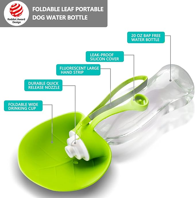 Dog Water Bottle, Portable Pet Water Dispenser Feeder Leak Proof with Drinking Cup Dish Bowl for Outdoor Walking, Hiking, Travel, 20OZ Water Bottle Fit for Small to Large Dogs and Cats Green