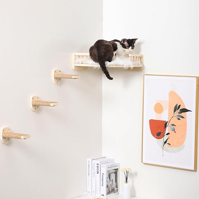 Cat Wall Shelves with 3 Steps Scratch Post, Climbing Shelf and Hammock for Indoor Cats (Wood)