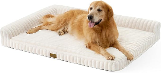 Cute Dog Bed, Faux Rabbit Fur Orthopedic Foam Dog Bed with Sides, Removable Washable Cover & Waterproof Lining, Comfortable Pet Couch for Extra Large Dogs, Cream (48" L x 35" W x 7.5" Th)