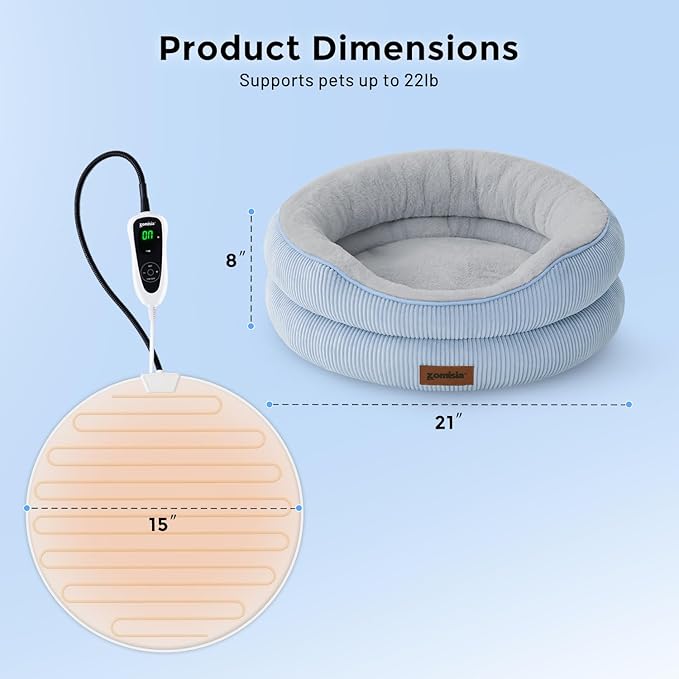 Heated Cat Bed Indoor - Adiustable Temperature Pet Heating Bed with Timer and Chew Resistant Cord, Washable Puppy Bed with Non-Slip Bottom, 21" x 21" x 8", Khaki
