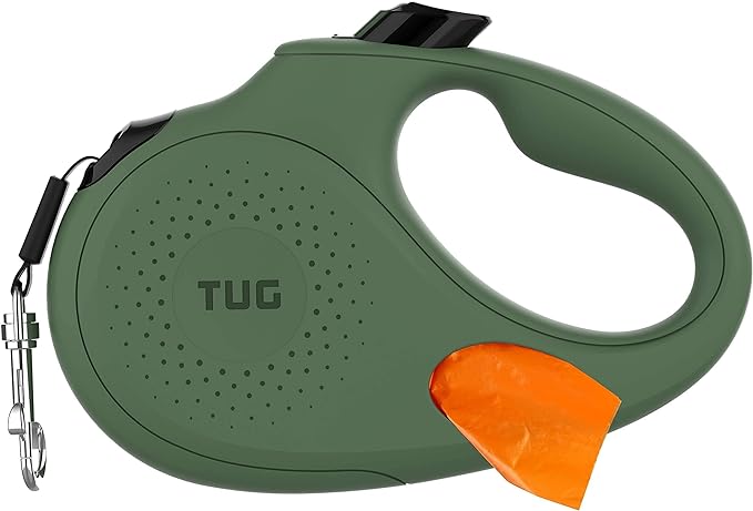 TUG Oval 360° Tangle-Free Retractable Dog Leash with Integrated Waste Bag Dispenser (Small, Green)