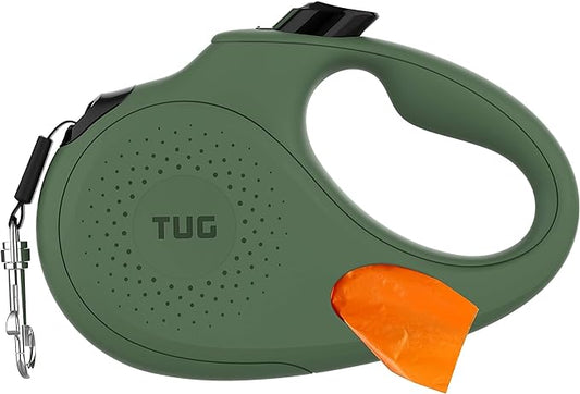 TUG Oval 360° Tangle-Free Retractable Dog Leash with Integrated Waste Bag Dispenser (Small, Green)