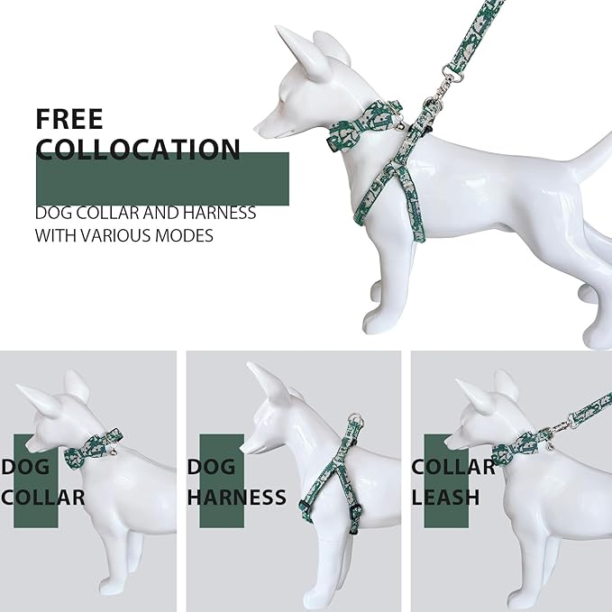 Dog Collar and Harness with Leash Set, Premium Breathable Harness for Girl Boy Dogs, No Pull Easy Walking Pet Harness, Green, L