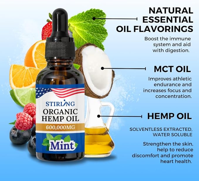 STIRLING Organic Hemp Oil - 600,000mg with Natural Mint Flavor for Enhanced Relaxation, Provides Relief and Optimal Health Support - GMO & Gluten-Free, THC-Free, Vegan, Loaded w/Omega 3 6 9 Goodness