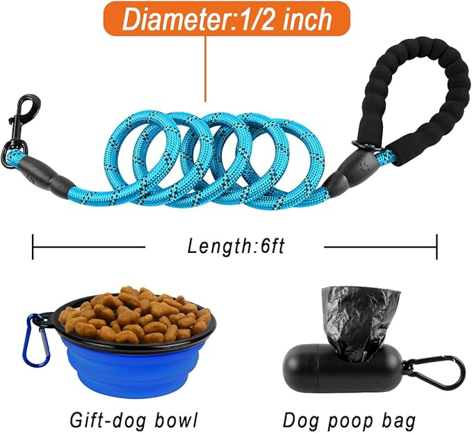 BARKBAY Dog Leashes for Large Dogs Heavy Duty Dog Leash 4/5/6 FT with Comfortable Padded Handle and Highly Reflective Threads for Medium Large Dogs Walking Training Running (6FT-1/2'',Blue)