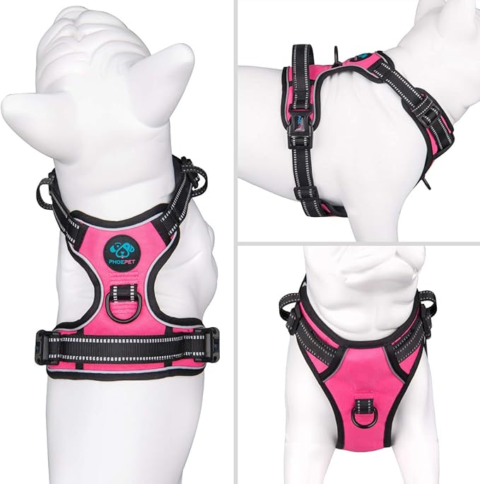 PHOEPET No Pull Dog Harnesses for Small Puppies Reflective Adjustable Front Clip Vest with 2 Metal Leash Attachment Hooks Soft Handle(S, Pink)