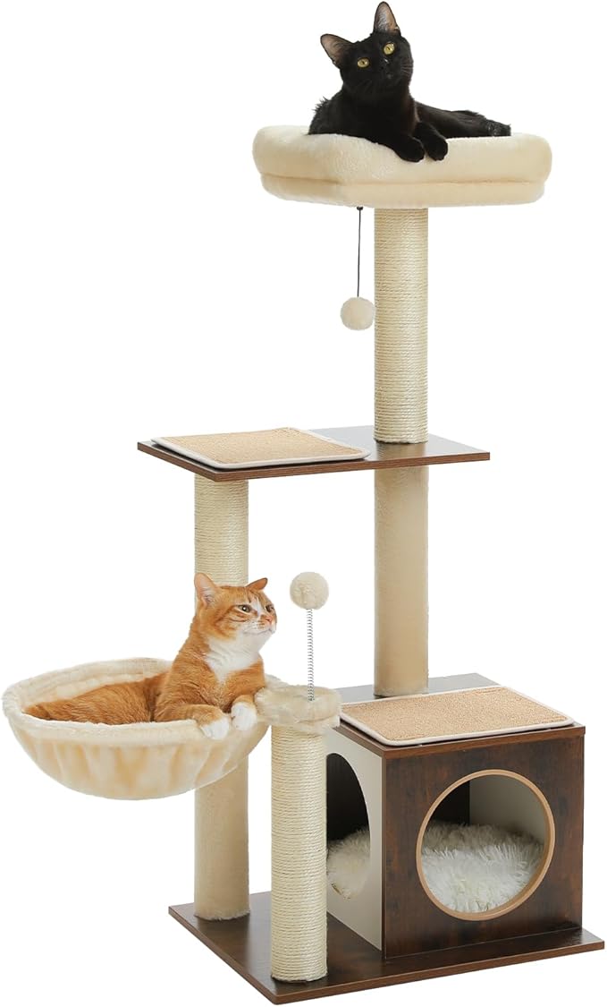 Modern Cat Tree for Indoor Cats, Small Cat Tower with Cat Condo, Scratching Posts, Top Perch and Metal Frame Hammock, Wooden Play House with Anti-Slip Mat, Brown