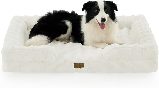 Orthopedic Dog Bed for Large Size Dog, Soft and Warm Faux Fur Extra Large Sofa for Pet Up to 100 lbs, Foam Bolster Anti-Slip Couch with Washable Removable Cover, XL 44x32x7 inch, Beige