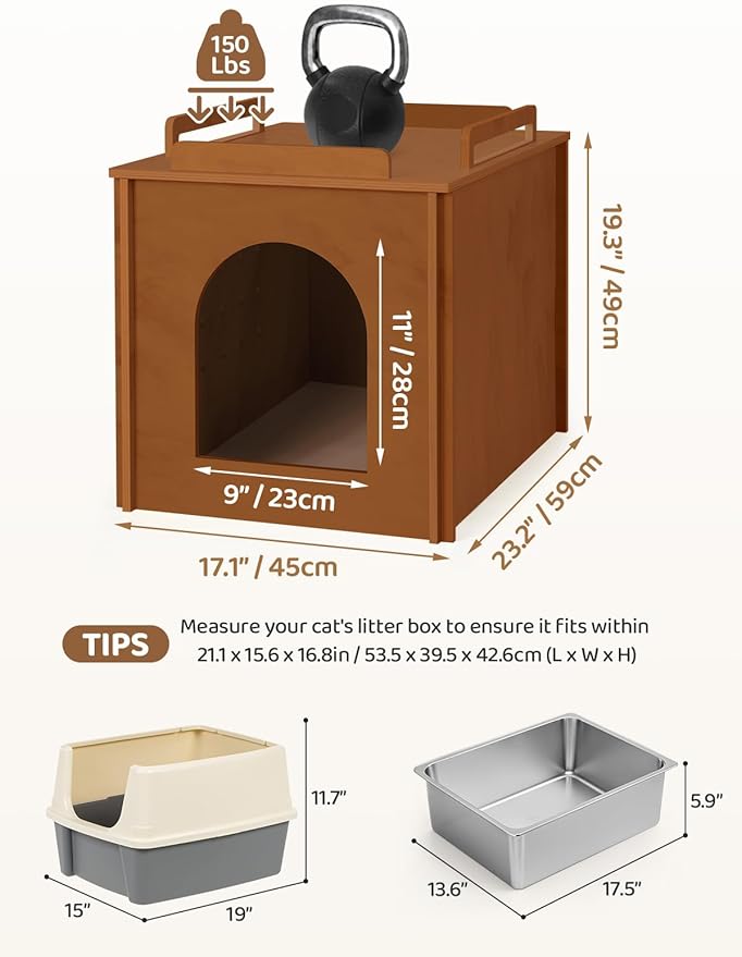 Wooden Cat Litter Box Enclosure, Hidden Litter Box Furniture with Litter Mat, Multi-Functional Cat House, for Living Room Bedroom Indoor, 23.2 x 17.7 x 19.3 inches, Walnut