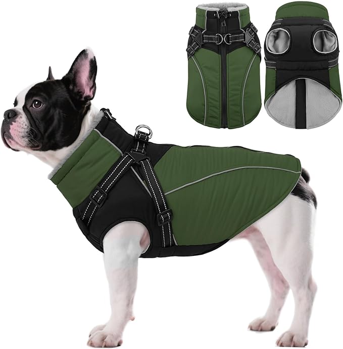 ASENKU Reflective Dog Coat with Built-in Harness, Windproof Fleece-Lined Dog Jacket for Small, Medium, Large Dogs, Warm Winter Vest with Turtleneck & Zipper (Green S)