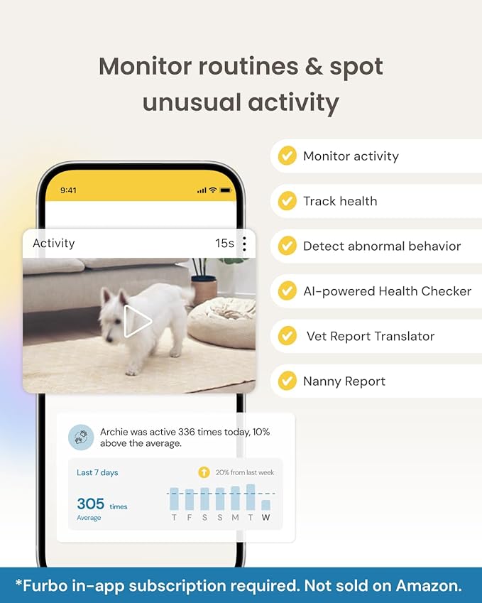 Furbo 360° Dog Camera + Mini [New Subscription Required at Setup] 2-Camera Bundle Nanny Pro Subscription: Dog Safety & Home Security Alerts, Pet Camera with Speaker, Phone App & Night Vision