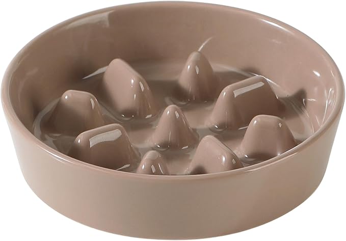 Ceramic 1.2 Cup Dog Bowl Slow Feeder, 7.3 inch Slow Pet Food Dish for Medium and Small Dog, Stop Bloat, Stop Bloat, Preventing Choking(Single Bowl, Brown Coffee)