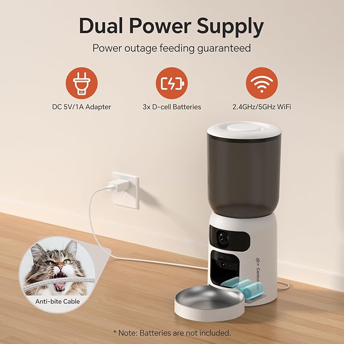 Automatic Cat Feeder with Dual 2K HD Camera, Smart Pet Food Dispenser for Timed Meals, APP Control Laser Interactive Toy Treat Feeders with 2.4G / 5G WiFi, White