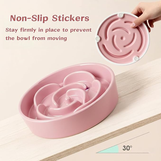 TRUVIC Ceramic Slow Feeder Dog Bowls, 1.5 Cup Puzzle Slow Feeder Bowls for Fast Eaters, Ceramic Dog Food Dish no Black Chin, Puzzle Bowl for Medium Dogs, Pink