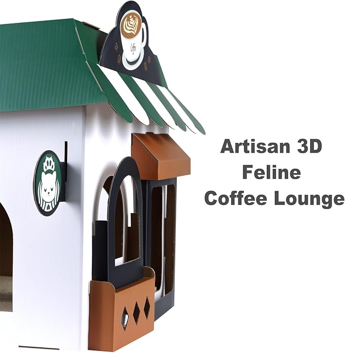 Cardboard Cat House with Scratcher – Coffee Shop Design, 19''L x16''W x15''H, Indoor/Outdoor Cat Playhouse & Hideout, Corrugated Cat Scratch Toy for Cats up to 22 lbs, Small Pets, Cute Home Decor Gift