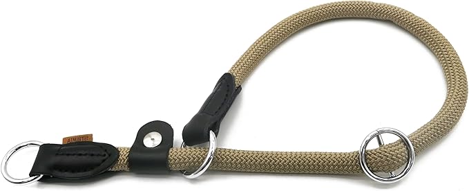 Braided Round Martingale Dog Collar, Training Collar with Slidable Stop Ring and Adjustable Stopper - Ideal for Large Dogs (L(1/2") - 20" Long, Khaki)
