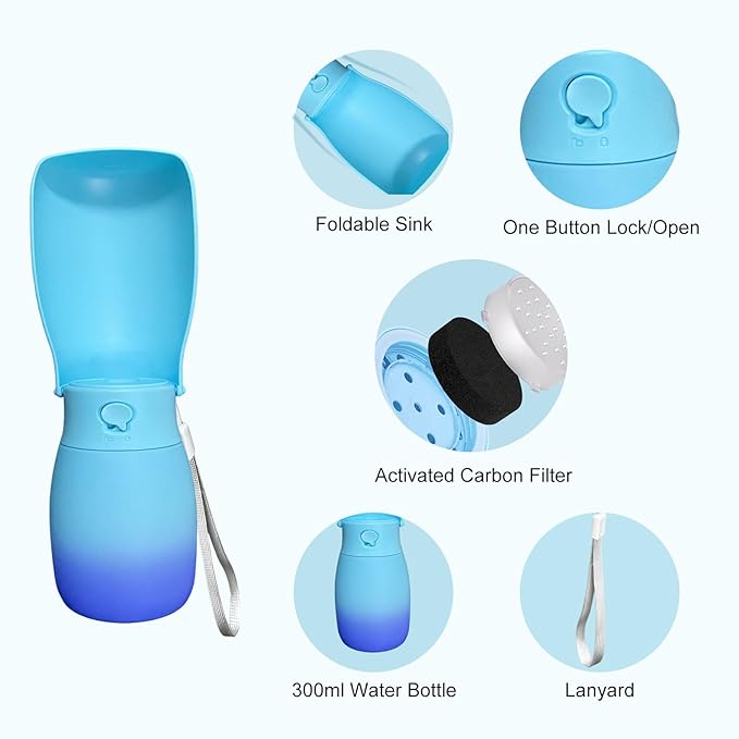 Dog Water Bottle Portable 10Oz - Food Grade Plastic Dog Travel Water Bowl Dispenser, Dog Travel Accessories, Water Bottle for Dogs Outdoor Walking Camping, Dogs Birthday Gifts (Blue)