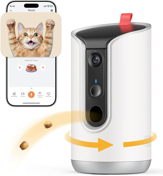 2K Cat Camera Treat Dispenser, Pet Dog Camera with 360° Auto Tracking, AI Photo Album, 5G/2.4G WiFi, 2-Way Talk, Remote Treat Tossing Indoor, Motion Alerts Indoor, White