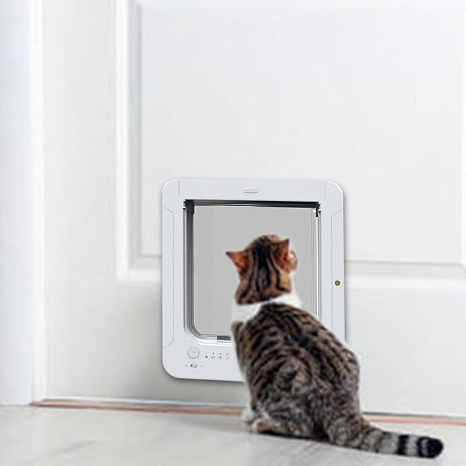 Ymiko Smart Pet Door Electronic Cat Flap Collar Activated 2 Way Entry Microchip Sensing Technology Weatherproof Plastic for Interior Exterior Doors
