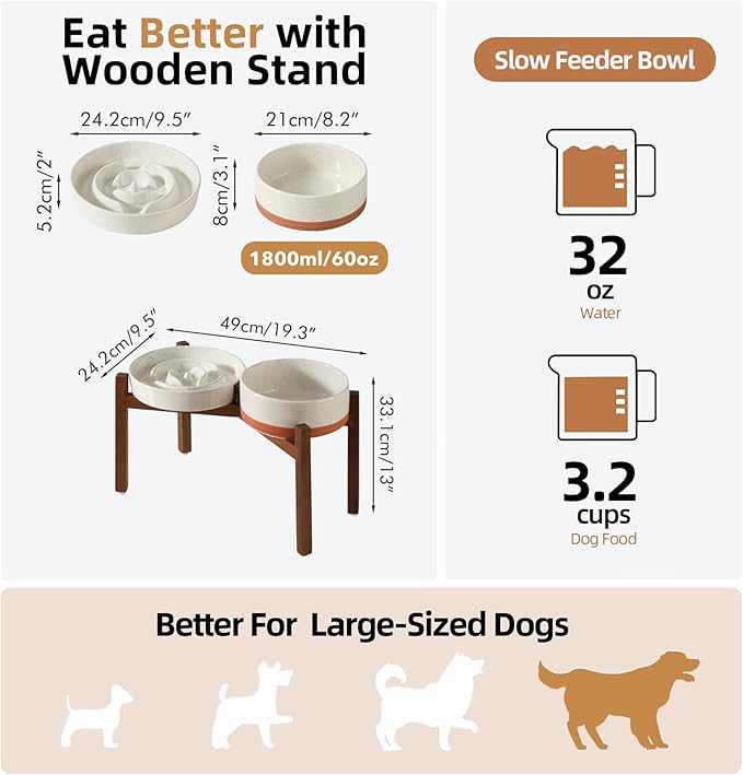 Ceramic 3.2 Cup Raised Slow Feeder Dog Bowl Set, Elevated 8.2inch Bowl and 9.5inch Dish with Acacia Wood Stand for Large Dogs(2 x Vanilla White+ Stand)