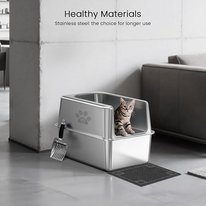 Enclosed Stainless Steel Cat Litter Box with Lid, XL Leak-Proof Metal Litter Box for Big Cats, Extra Large Cat Toilet with High Side, Press-Fit Design, Non-Stick, Odor-Free, with Litter Mat & Scoop