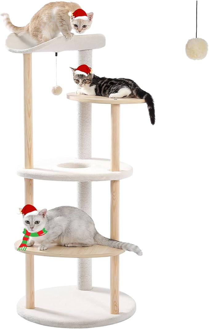 PETEPELA Wood Cat Tree Tower for Indoor Cats,5-Level Cat Climbing Tree Cat Play House with Sisal Scratching Posts Beige