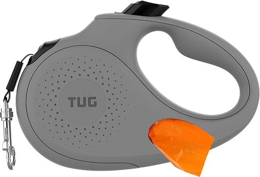 TUG Oval 360° Tangle-Free Retractable Dog Leash with Integrated Waste Bag Dispenser (Medium, Grey)