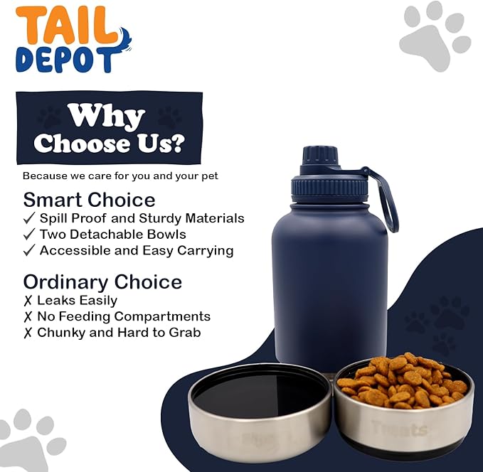 Tail Depot Snack Tank Dog Water Bottle Portable, Pet Water Bottles for Puppy with Food Container, Leak Proof Pet Dispenser for Cats, Small Animals, Dog Gift Accessories Walking, Hiking (1 Liter)