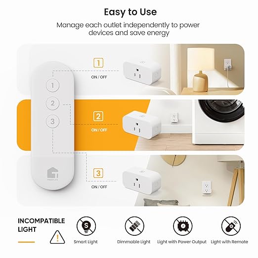 TREATLIFE 3Pack Mini Remote Control Outlet Plug with Magnetic Remote, 15A/1800W Wireless Light Switch for Lamps, Fans, Household Appliances, No Hub Required, 2 Years Warranty