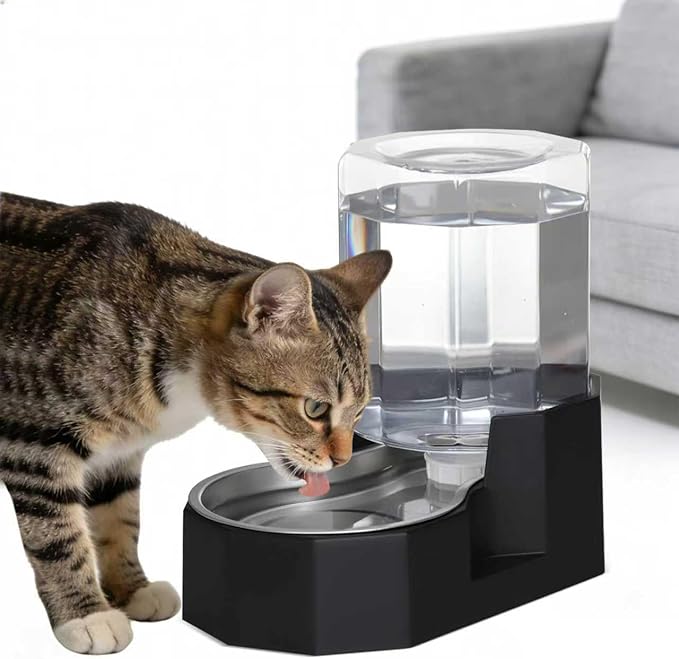 Sfozstra Gravity Water Bowl Dispenser : Automatic 5L Black Cat Stainless Steel Feeder with Specialized Brush - for Dogs with Joint Problems - Suitable in Garage Bedroom