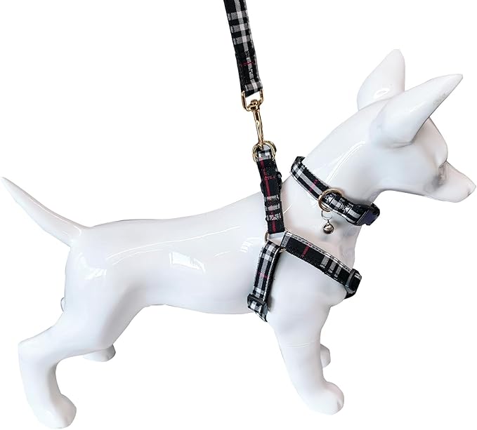 Cute Plaid Dog Collar Harness and Leash with Safety Buckle - Adjustable and No Pull Comfortable Dog Collars for Small Puppy, Stylish Durable Gift for Boy Girl Pets