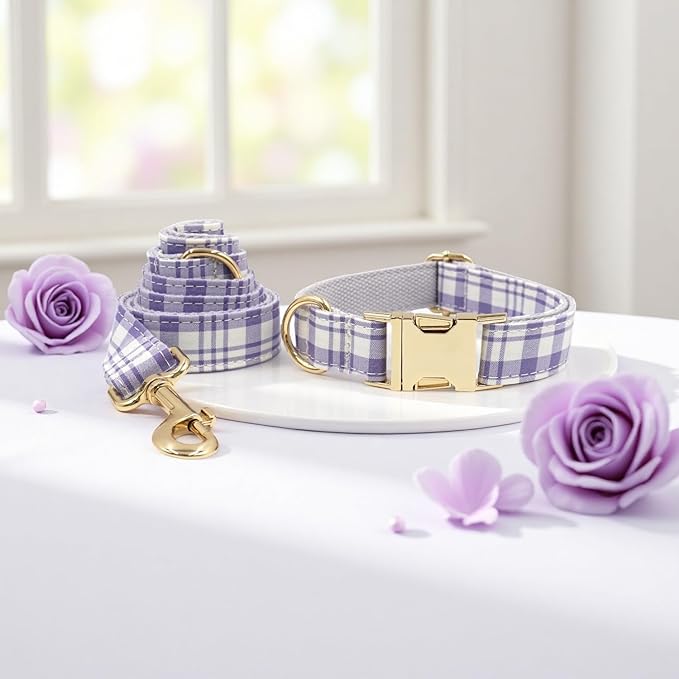 PETDURO Personalized Dog Collar Lavender Plaid for Large Medium Dogs | Engraved Name and Phone Number on Gold Metal Buckle for Girls | Add Leash & Bow Tie via Customize Now