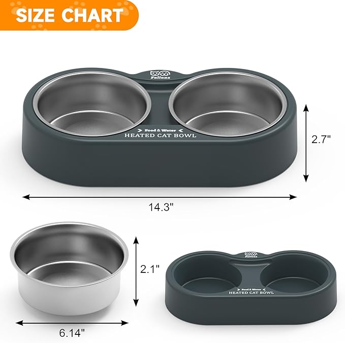 Heated Cat Bowl in Winter, Outdoor Heated Pet Bowl with Double Stainless Steel Bowl 23 OZ, Heated Water Food Bowl for Cat Pet, Thermal Pet Bowl Provide Drinkable Water and Hot Food.
