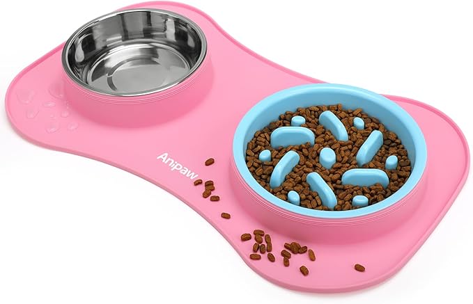 Slow Feeder Dog Bowls 3 in 1 Stainless Steel Dog Food and Water Bowls with Non-Spill Non-Skid Silicone Mat to Slow Down Eating for Large Medium Small Breed Size Dogs and Cats (Pink Blue)