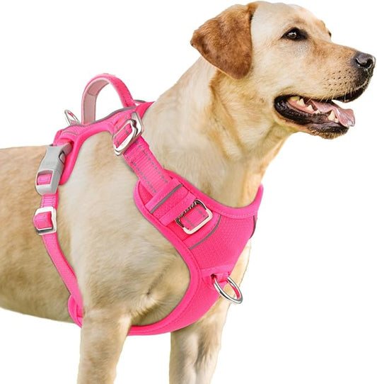 BARKBAY No Pull Dog Harness 3 Buckles Large Reflective Dog Harness with Front Clip and Easy Control Handle for Walking Training Running with ID tag Pocket(Pink,L)