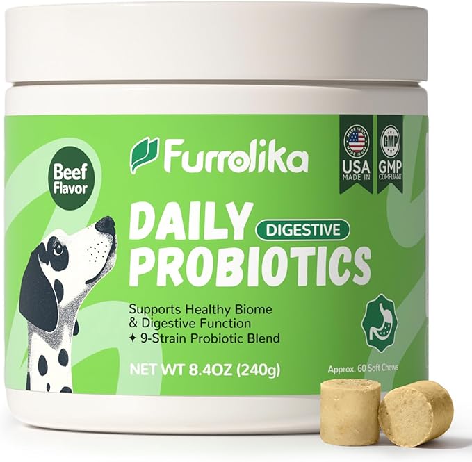 Furrolika Probiotics for Dogs – Made in The USA – Digestive Probiotics for Gut Health, Immune Support & Diarrhea Relief – Beef Flavor – 60 Soft Chews