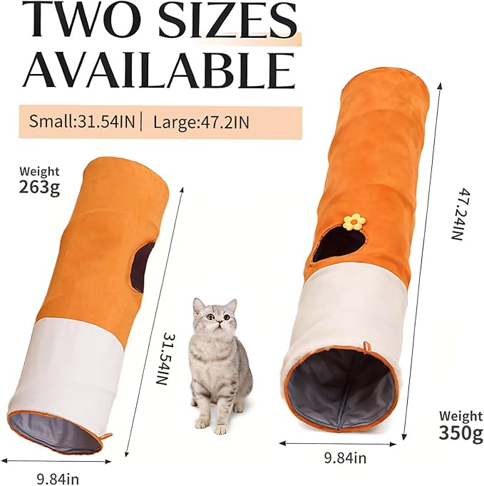 Large Cat Tunnels for Indoor Cats, Durable & Collapsible Play Tubes and Tunnels with Crinkle Sound & Balls for Adult Cats & Kittens (Orange)