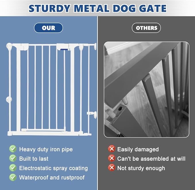 Freestanding Dog Gates with Door Walk Through, Extra Wide Doggy Door 100" W x 29" H Pet Gate Safty 4 Panels Dog Fence for Stairs, Doorways, White