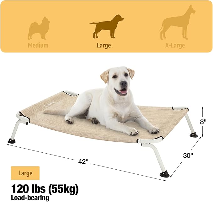 Veehoo Elevated Dog Bed for Outdoor, Cooling Waterproof Raised Dog Cots Beds for Large Dogs, Curved Off Ground Pet Hammock Cot Lifted for Outside, up to 85lbs, White Legs, Beige 42"