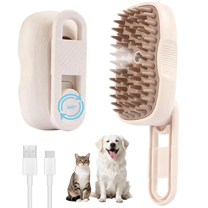 Cat Steam Brush for Shedding - 360° Rotatable Pet Steam Brush for Cats & Dogs, Food-Grade Silicone Cat Hair Brush for Indoor Cats & Long Haired Pets (OFF-White)