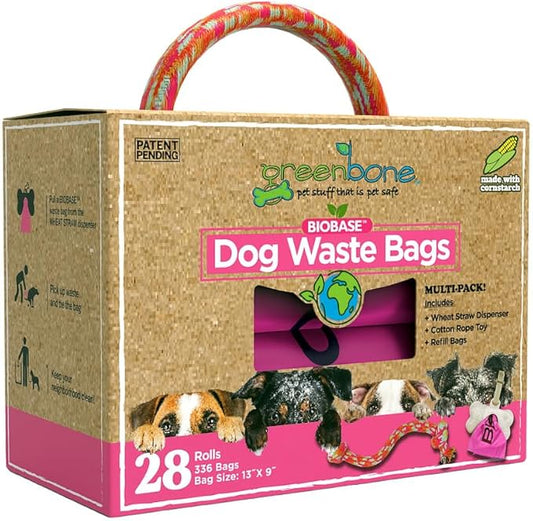Greenbone BioBase Pink Dog Poop Bag Refills: 28 Rolls - 336 Bags with Dispenser and Rope Toy Handle- Dog Gift Set